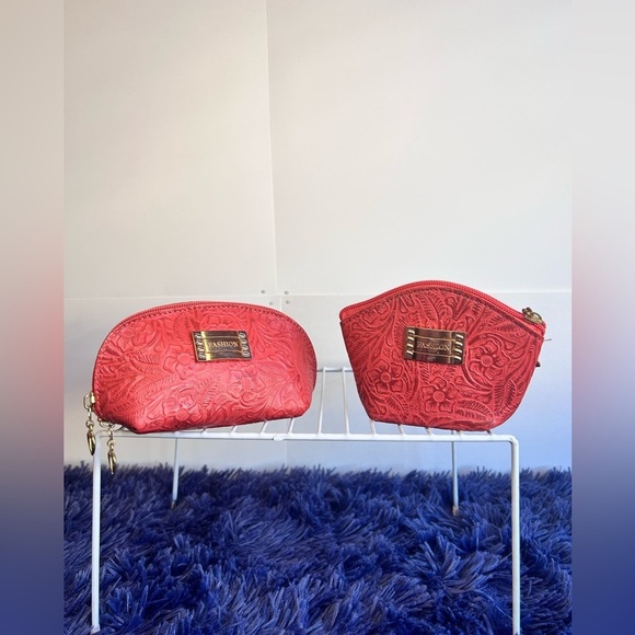 COSMETIC BAG & COIN Bag, LEATHER Cosmetic Pouch, Hand tooled, Artesanal (B) - Picture 4 of 9